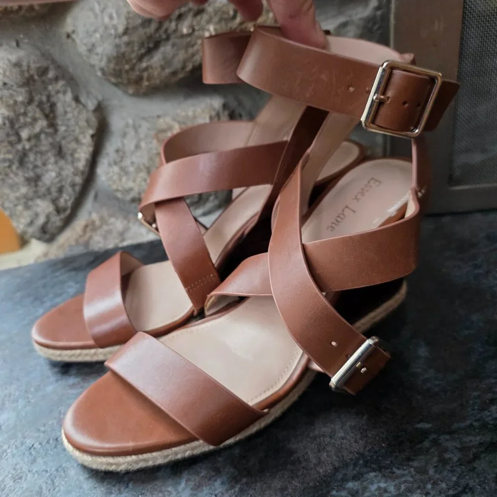 Essex Lane Brown Leather Strappy Wedge Sandals Size 9M